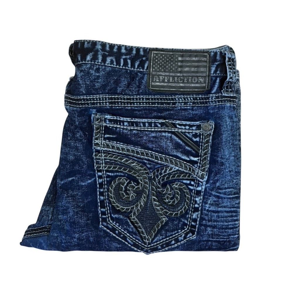 AFFLICTION‎ GAGE Jeans Men's 38 x 34 Embroidery Dark Blue Thick Stitch VINTAGE